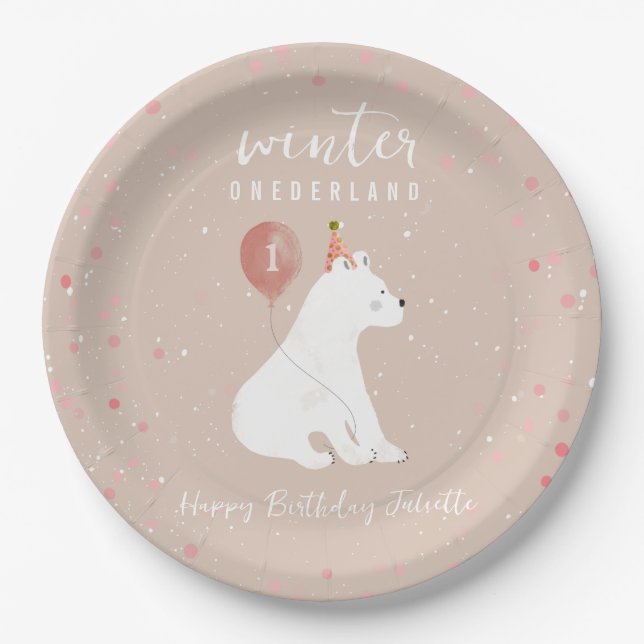 Winter Onederland Pink Polar Bear 1st Birthday Paper Plates (Front)