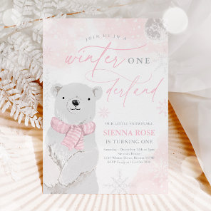 Winter Onederland Pink Polar Bear Birthday  Invitation