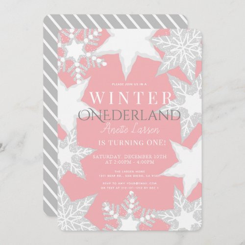 Winter Onederland Pink  Silver 1st Birthday Invitation