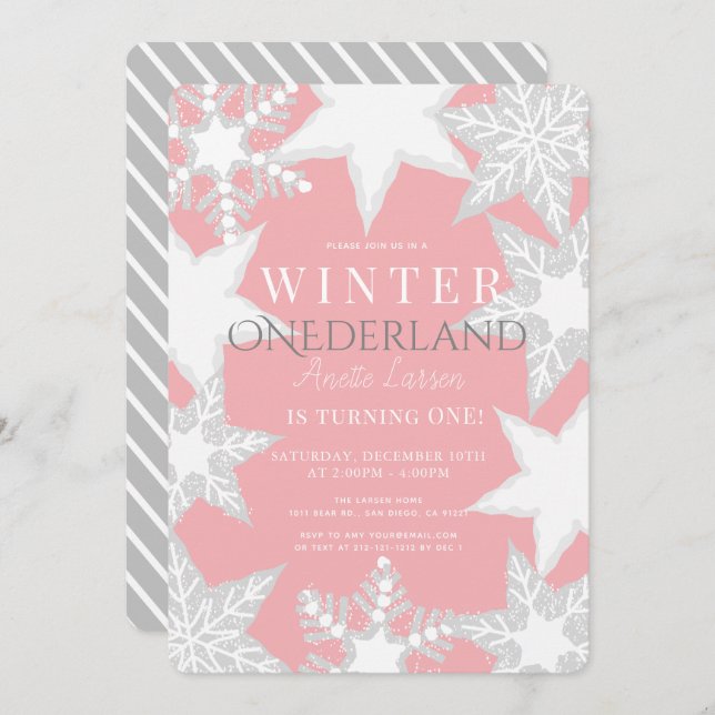 Winter Onederland Pink & Silver 1st Birthday Invitation (Front/Back)