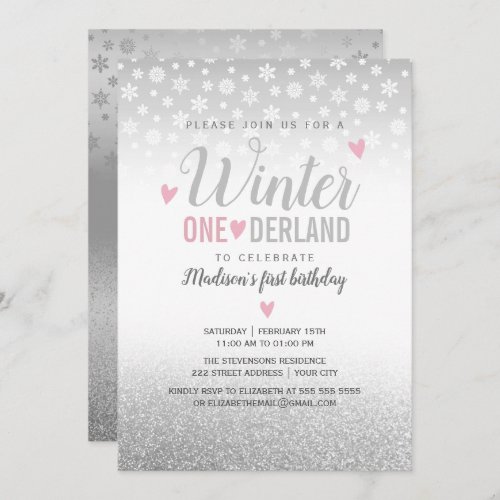 Winter Onederland Pink Silver 1st Birthday Invitation