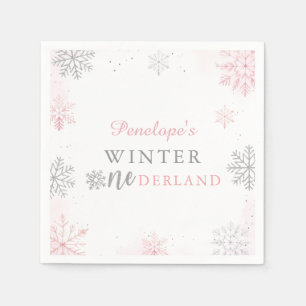 Winter Onederland Pink Silver 1st Birthday Napkins