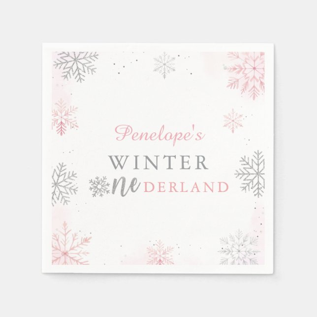 Winter Onederland Pink Silver 1st Birthday Napkins (Front)
