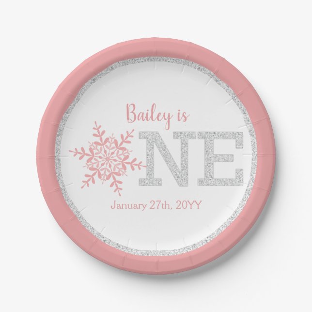Winter ONEderland Pink Silver 1st Birthday Paper Plates (Front)