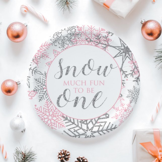 Winter Onederland pink silver 1st birthday party Paper Plates (Creator Uploaded)