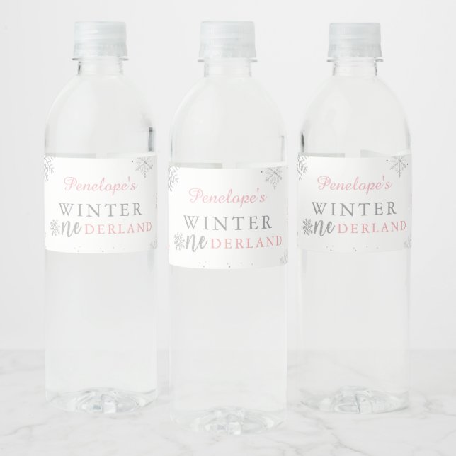 Winter Onederland Pink Silver 1st Birthday Water Bottle Label (Bottles)