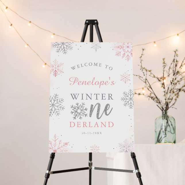 Winter Onederland Pink Silver 1st Birthday Welcome Foam Board (In Situ (Stand))