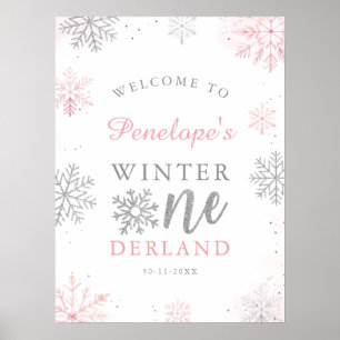 Winter Onederland Pink Silver 1st Birthday Welcome Poster