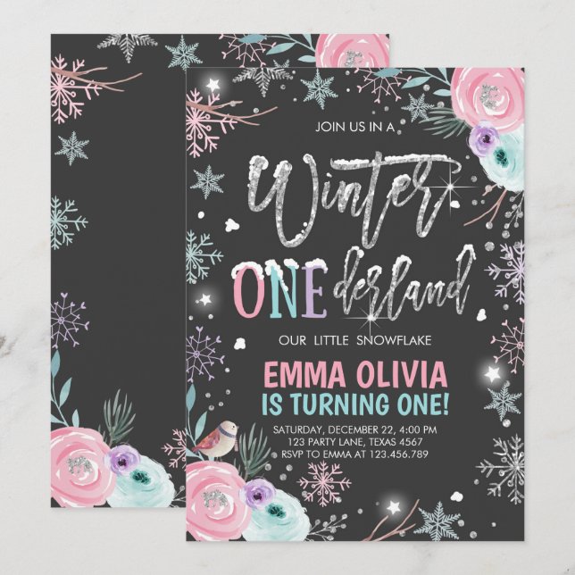 Winter ONEderland Pink Silver Black First Birthday Invitation (Front/Back)