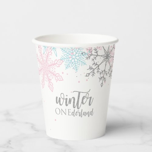Winter Onederland Pink Silver Blue Snowflakes Paper Cups