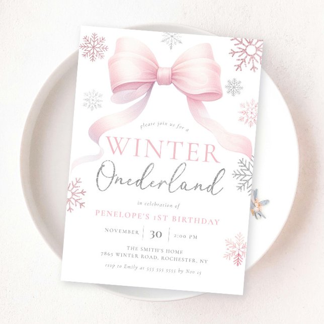 Winter Onederland Pink Silver Bow 1st Birthday Invitation (Creator Uploaded)