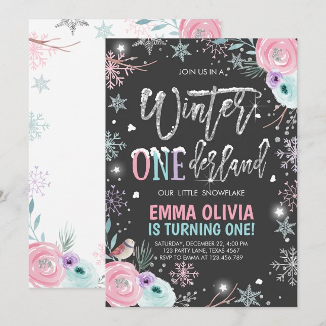 Winter ONEderland Pink Silver First Birthday Invitation (Front/Back)