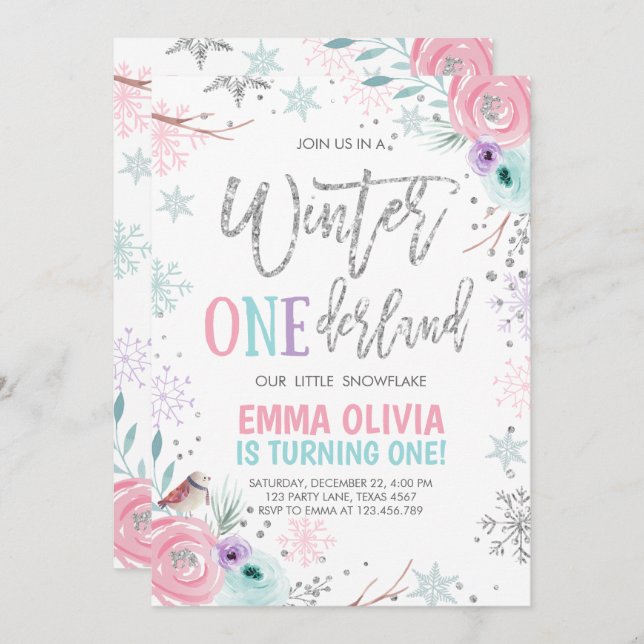 Winter ONEderland Pink Silver First Birthday Invitation (Front/Back)