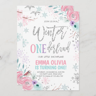 Winter ONEderland Pink Silver First Birthday Invitation