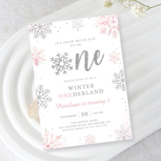 Winter Onederland Pink Silver First Birthday Invitation