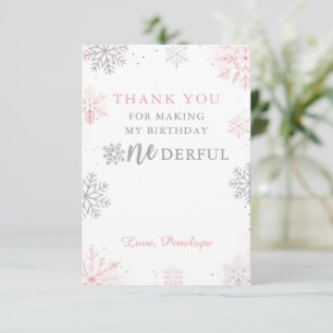 Winter Onederland Pink Silver First Birthday Thank You Card