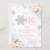 Winter ONEderland Pink Silver Floral 1st Birthday Invitation (Front)
