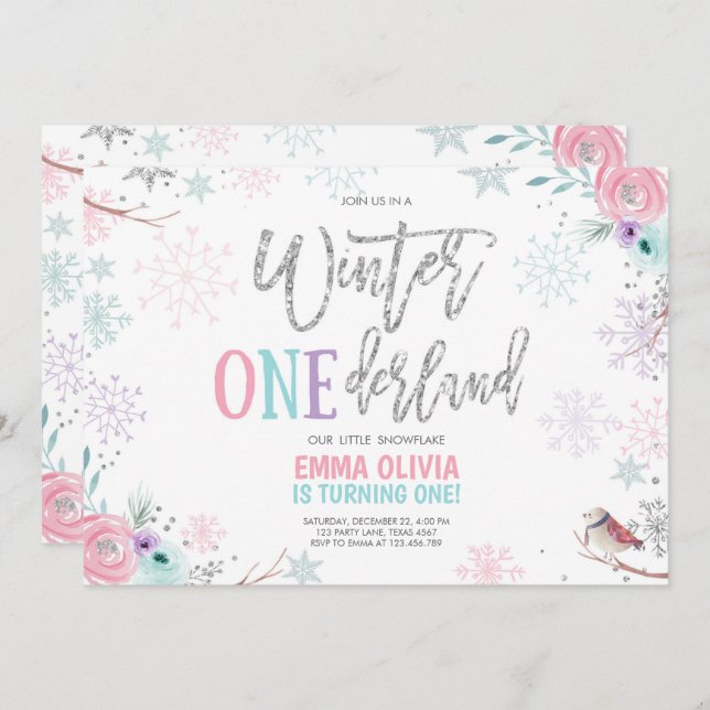 Winter ONEderland Pink Silver Floral 1st Birthday Invitation (Front/Back)