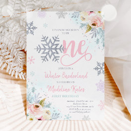 Winter ONEderland Pink Silver Floral 1st Birthday Invitation