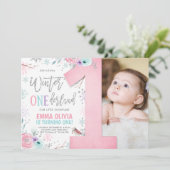 Winter ONEderland Pink Silver Floral 1st Birthday Invitation (Standing Front)