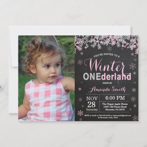 Winter Onederland Pink Silver Girl 1st Birthday Invitation