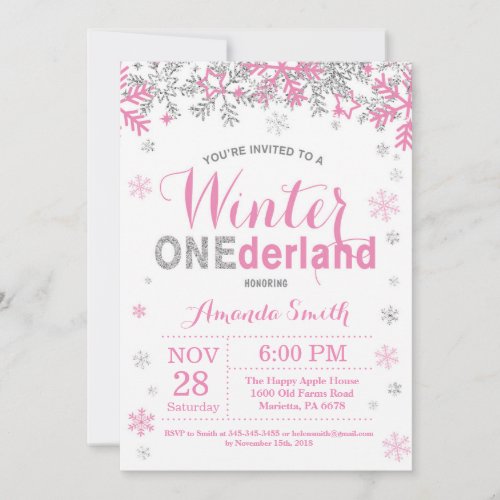 Winter Onederland Pink Silver Girl 1st Birthday Invitation