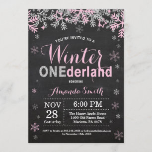 Winter Onederland Pink Silver Girl 1st Birthday Invitation