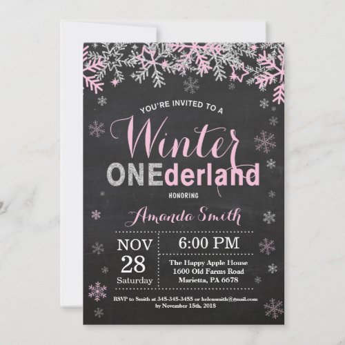 Winter Onederland Pink Silver Girl 1st Birthday Invitation