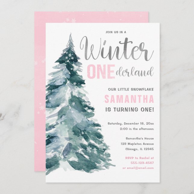 Winter Onederland pink silver girl 1st birthday Invitation (Front/Back)