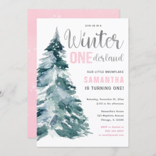 Winter Onederland pink silver girl 1st birthday Invitation