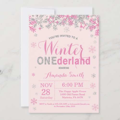 Winter Onederland Pink Silver Girl 1st Birthday Invitation