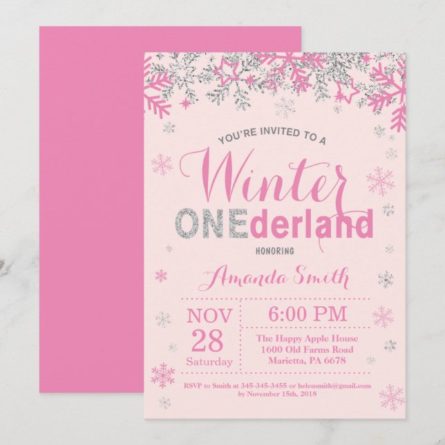 Winter Onederland Pink Silver Girl 1st Birthday Invitation (Front/Back)