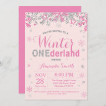 Winter Onederland Pink Silver Girl 1st Birthday Invitation