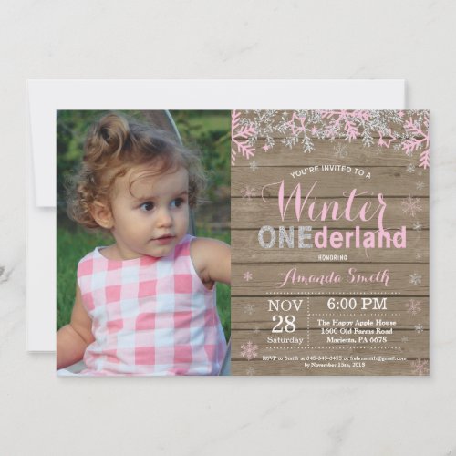 Winter Onederland Pink Silver Girl 1st Birthday Invitation