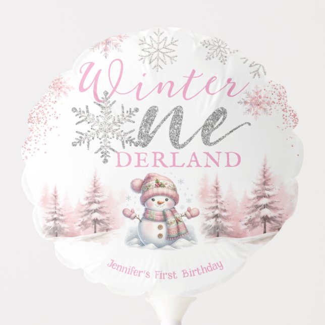 Winter Onederland Pink Silver Glitter 1st Birthday Balloon (Front)