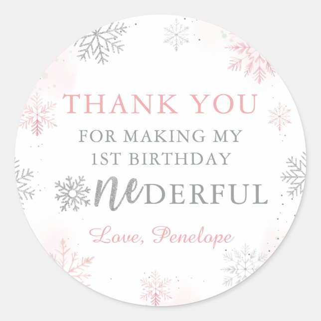 Winter Onederland Pink Silver Glitter 1st Birthday Classic Round Sticker (Front)