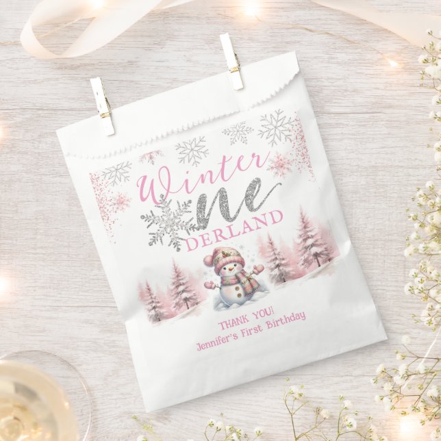Winter Onederland Pink Silver Glitter 1st Birthday Favor Bag (Clipped)