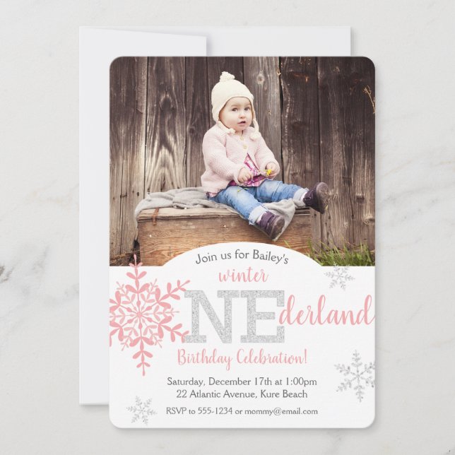 Winter ONEderland Pink Silver Glitter 1st Birthday Invitation (Front)