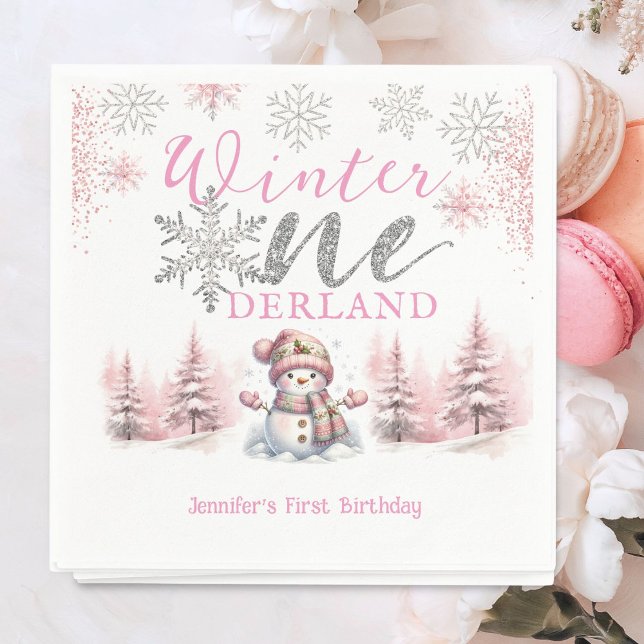 Winter Onederland Pink Silver Glitter 1st Birthday Napkins (Creator Uploaded)