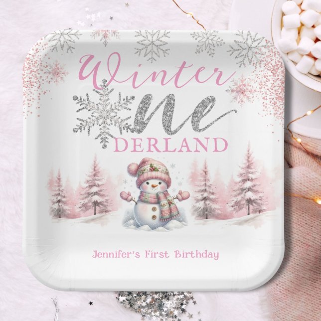 Winter Onederland Pink Silver Glitter 1st Birthday Paper Plates (Creator Uploaded)