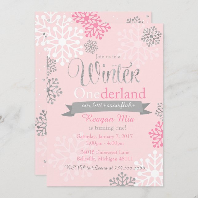 Winter Onederland Pink Silver Glitter Invitation (Front/Back)