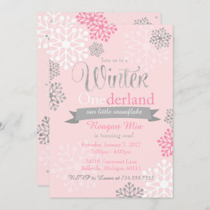 Winter Onederland Pink Silver Glitter Invitation