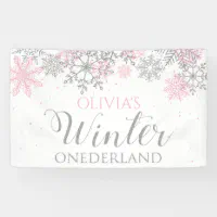 Winter Onederland Pink Silver Snow First Birthday Banner