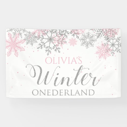 Winter Onederland Pink Silver Snow First Birthday Banner