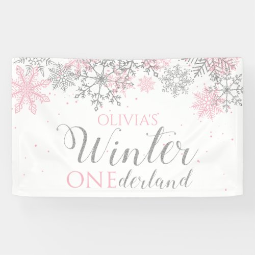 Winter Onederland Pink Silver Snow First Birthday  Banner