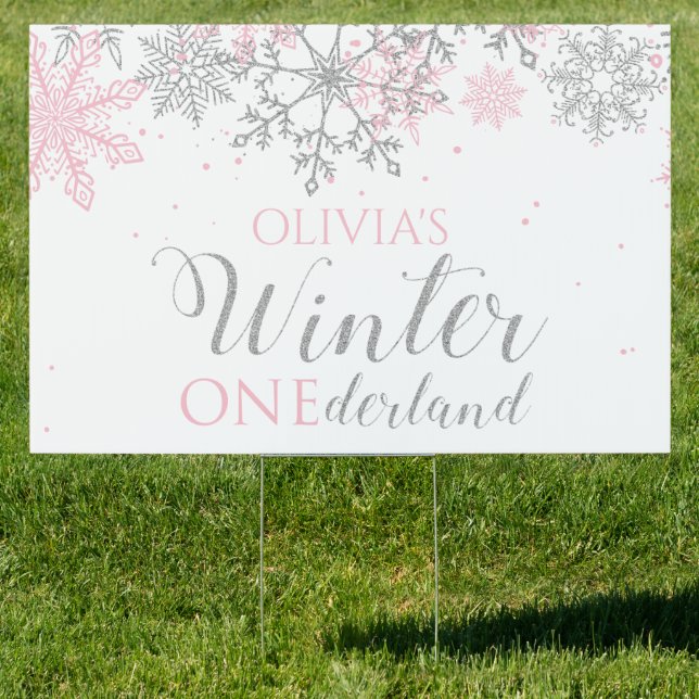 Winter Onederland Pink Silver Snow First Birthday Sign (Insitu)