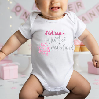 Winter Onederland Pink Silver Snowflake Baby Bodysuit