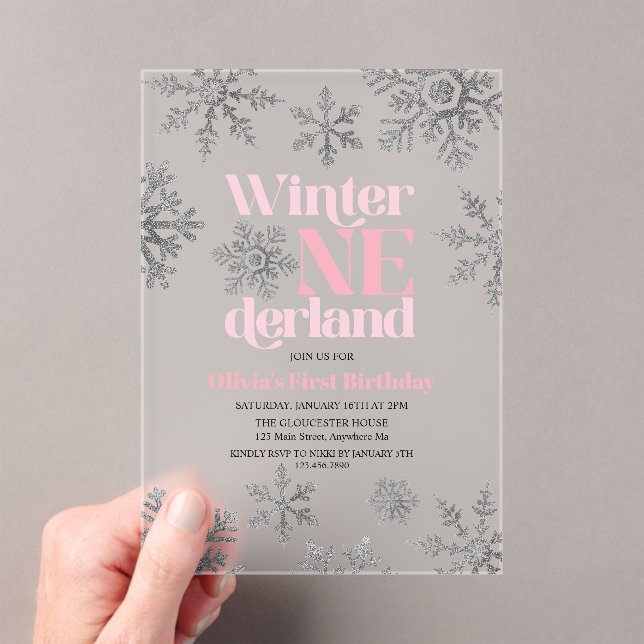 Winter Onederland Pink Silver Snowflake Birthday Acrylic Invitations (Insitu (Handheld))