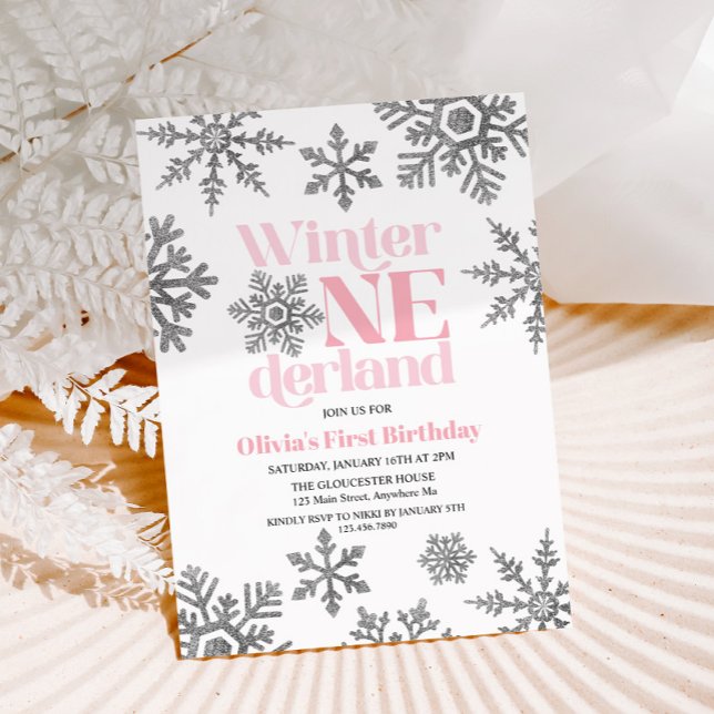 Winter Onederland Pink Silver Snowflake Birthday Invitation (Creator Uploaded)