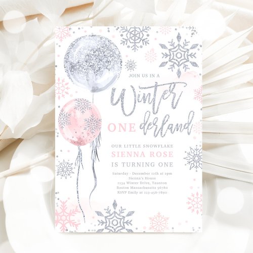 Winter Onederland Pink Silver Snowflake Birthday  Invitation